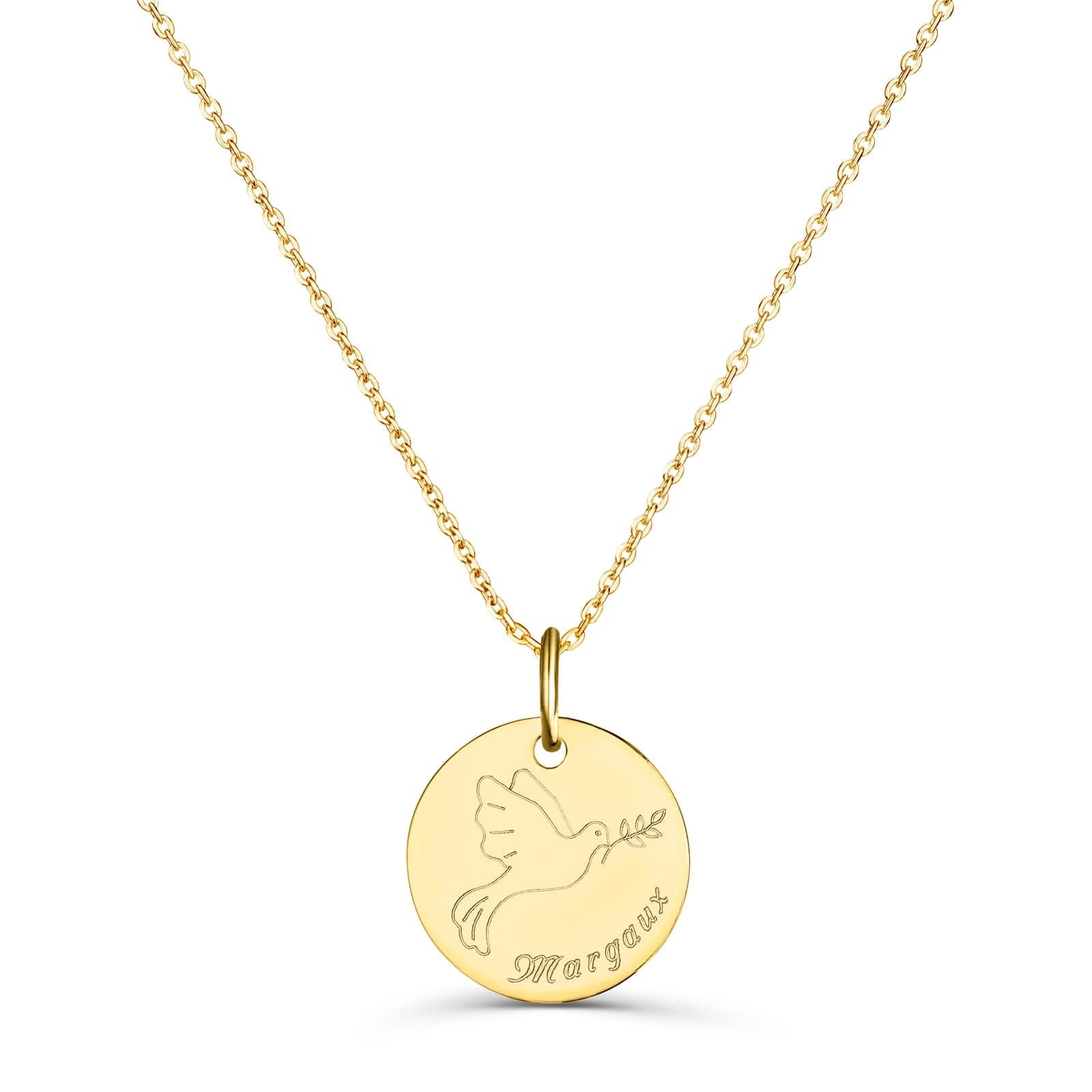 Collier personnalisé enfant dessin colombe, plaqué or - Idée cadeau pour Noël - Anniversaires - Baptême - Communion