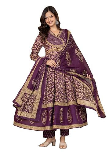 Image of Pistaa's Women's Pure Cotton Anarkali Floral Printed Hand Work Kurta with Pant & Dupatta Set