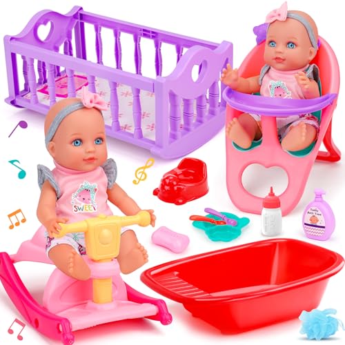 Tsomtto Baby Care Dolls Toys Set with 11\" Baby Doll, Cradle Crib & Rocking Horse, Bathtub, High Chair Feeding Accessories, Toddlers Doll Toy Pretend Play for Age 3 4 5 6+ Years Old Girls Kids