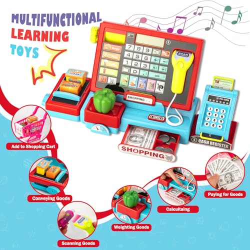 Image of Cash Register for Kids Real Calculator Kids Cash Register with Scanner Toy for 3 4 5 6 7 8 Year Old Boy Pretend Play Store with Music / Food / Shopping Cart Learning Toys Gifts for Boys Ages 4-8