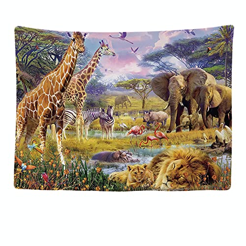 Ulticool – Tapisserie Murale Décorative Chambre - Safari Animaux Nature Girafe Éléphant - 200 x 150 cm Grand – Papier Peint Tissu – Tapestry Aesthetic...