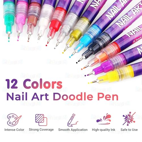 Image of Kidology 12 Colors DIY Nail Art Pens Set | 0.5mm Ultra Fine Nail Art Marker Pens | Quick Dry Waterproof Nail Polish Pens for DIY Nail Painting | Nail Art Kit for Women & Kids
