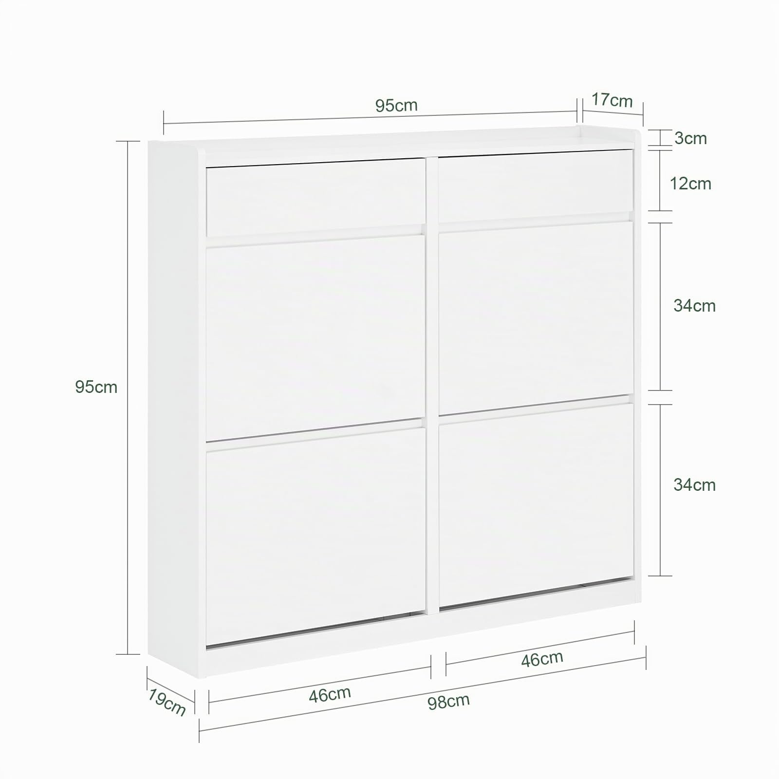 SoBuy Zapatero Entrada Recibidor Estrecho - Mueble Zapatero con 4 Solapas y 2 Cajones – Gran Capacidad- Organizador Estrecho para Pasillo y Entrada - Blanco 98x19x95cm FSR169-W