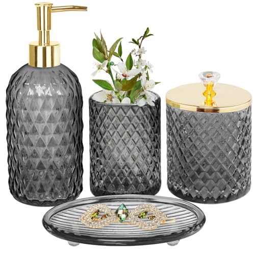 Haturi Gray Glass Bathroom Accessories Set, 4-Piece - Lotion Soap Dispenser, Toothbrush Holder...