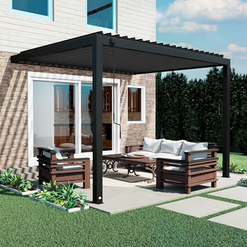 Image of Backyard Discovery Evanston 12'x10' Galvanized Steel Wall-Mounted Louvered Pergola Kit with Adjustable Roof, Shade, Rain Protection, High-Wind Rating, PowerPort, Gutter System for Outdoor Patio, Deck