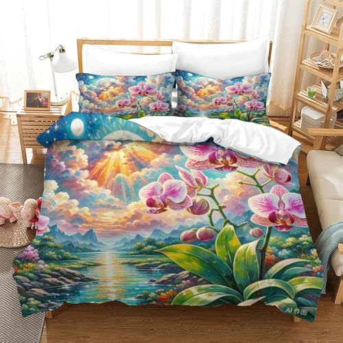 Housse de couette orchidée dendrobium 3D parure de lit microfibre zipper 260x220cm - 2