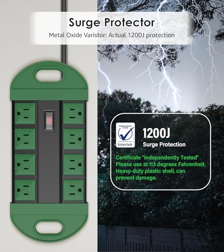 Image of CCCEI 2 Outdoor Power Strips Weatherproof with 8 Plug, Waterproof Extension Cord with Multiple Outlets, Christmas Exterior Garden Yard Surge Protector 15FT, Green.