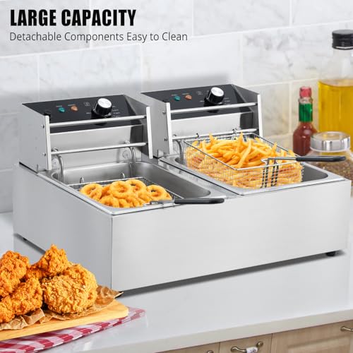GarveeHome Commercial Electric Deep Fryer - 12.6Qt/ 12L Capacity, Dual Tank with Temperature Control, 3600W Countertop Fryer with 2 Baskets, for Home Kitchen and Restaurant