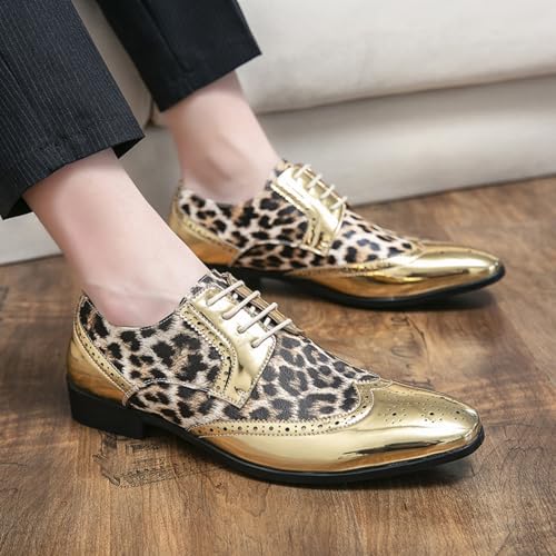 Mens Retro Brogue Leopard Patent Leather Dress Oxfords Shoes Low Top Non-Slip Square Toe Casual Wingtip Derby Shoes for Formal Business Wedding3