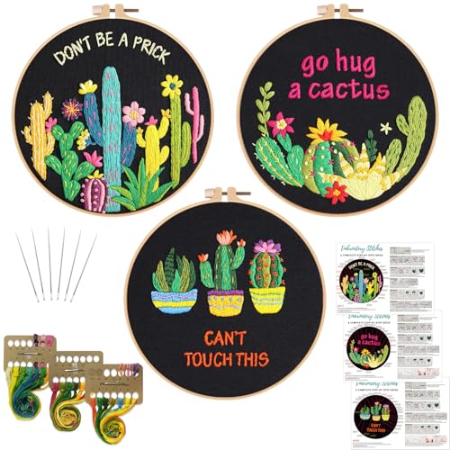 Image of Louise Maelys Funny Cactus Embroidery Kits for Beginners,Cross Stitch Kit for Adults,Starters DIY Needlepoint Including Plant Pattern,Hoop,Instruction and Threads