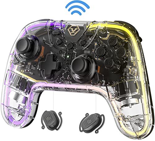 🕹️【Modalità RGB Multicolore Variabile】Il transparent pc controller adotta un design completamente trasparente con luci RGB a 6 colori regolabili integrate.Ci sono tre modalità di illuminazione tra cui scegliere: ① luci colorate; ② luci monocromatiche; ③ luci spente. Il gamepad può creare una fantastica atmosfera di illuminazione di gioco, offrendoti un'esperienza di gioco coinvolgente.
