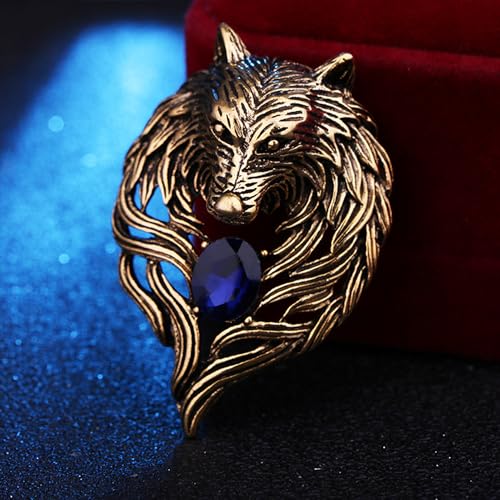 Image of Vintage Wolf Head Lapel Brooch Pin Cool Punk Animal Wolf Crystal Collar Brooch Suit Pin for Men Women Birthday Gift