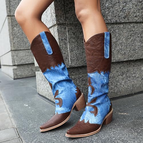 Image of Cozivwaiy Women Denim Cowboy Boots Patchwork Knee High Boots Jean Blue Cowgirl Boot Western Mid Calf Jeans Shoes Pointed Toe Chunky Heel Pull On