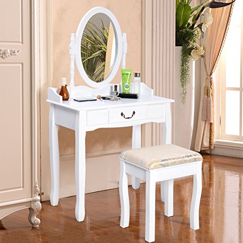 Giantex White Vanity Table Set Makeup Table with Padded Stool for Girls Women Gift Wood Dressing Tables Room Vanities with Mirror and Drawer