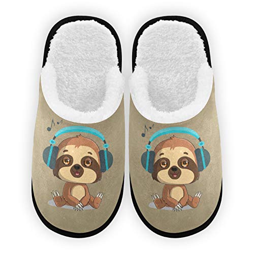 Niedliches Faultier mit Headset Herren Damen Hausschuhe Plüsch Futter Komfort Warm Coral Fleece Hausschuhe für Indoor Outdoor Spa Cover