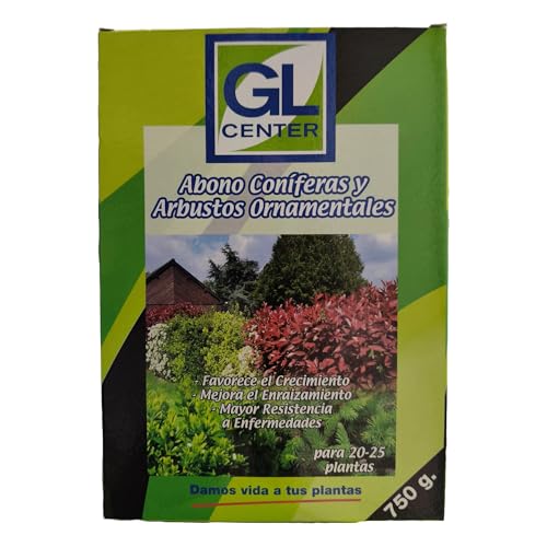 Abono coniferas y arbustos ornamentales 750g - GL Center. Favorece el crecimiento. Mejora el enraizamiento. Mayor resistencia frente a enfermedades. Listo para usar