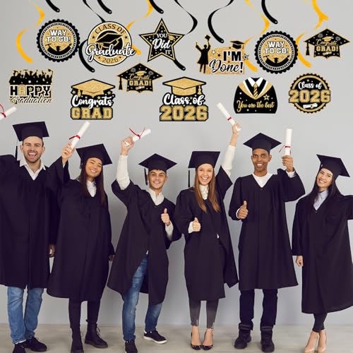 Image of 20 Pack Graduation Party Decorations 2026 - Congrats Grad Hanging Decoration, Black Gold Glittery Graduations Hanging Swirls Ceiling Streamers Ornaments for Class of 2026 Graduation Decorations Favors