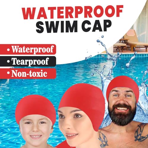 Image of GLAN Silicone Swimming Cap for Kids and Adults Waterproof Swimming Pool Cap for Women and Men (Red)
