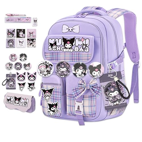 Roffatide Anime Kawaii School Backpack for Girls Boys with 21Pcs Accessories Cartoon Students Aesthetic New Semester Gifts Laptop Backpack with Cute Pins, Anti-Theft, ID Badge Holder Purple