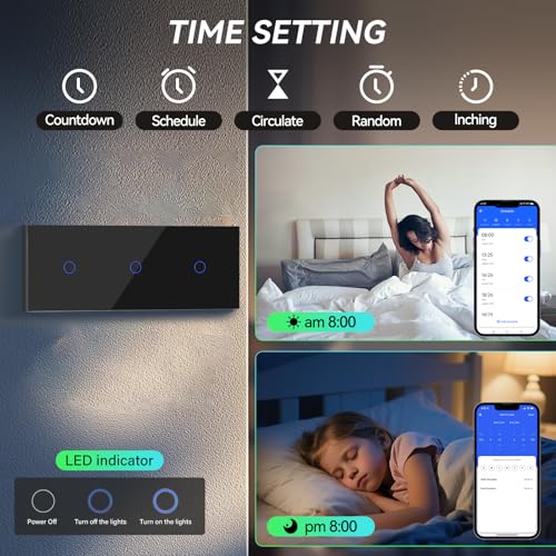 BSEED Smart Lichtschalter 1 Fach 2 wege Dreifach Wifi Smart Lichtschalter arbeitet mit Amazon Alexa and Google Home,Lichtschalter Glas Touchscreen-schalter Schwarz(Nullleiter Erforderlich) 228mm