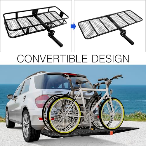 Image of PINGDIR Folding Hitch Mount Cargo Carrier Hitch Rack Basket 60 inch*21.5 inch*6 inch Hauling Weight Capacity of 500 Lbs, Waterproof Cargo Bag 58 inch 19 inch 24 inch, with Hitch Stabilizer,Cargo Net and Ratchet Straps