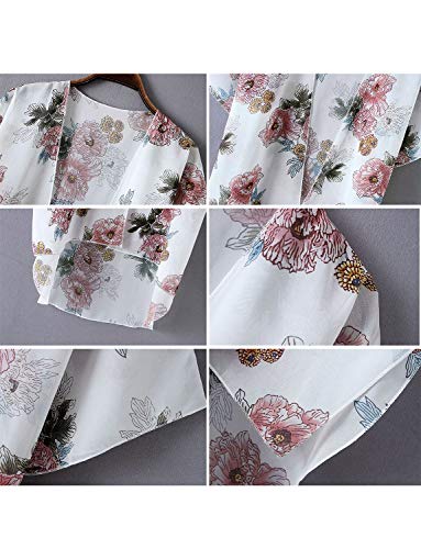 Women's Beach Kimono Jacket Sheer Cardigan Wide Bell Sleeve Sheer Open Floral Shirt Wrap Top (White, 2XL)