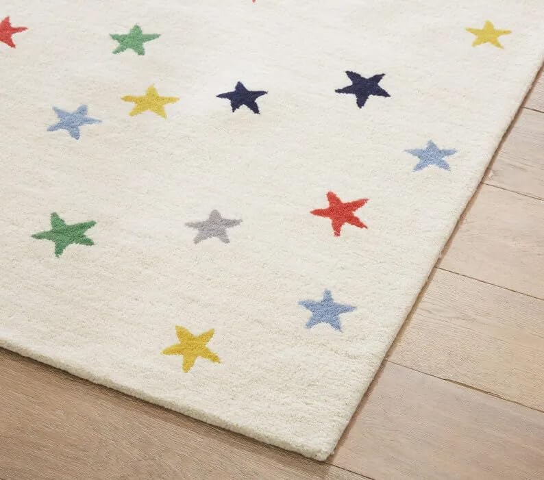 Hand Tufted Wool Area Rug, Colorful Star Pattern Kids Carpet, Soft Handmade Medium Pile Rug for Nursery, Playroom & Living Room, Available in Rectangle or Round Shape, 3x5 ft / 5 ft Round