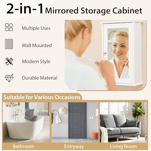 Tangkula AM0720HM Bathroom Medicine Cabinet With Mirror, Wall Mounted Single Mirror Door Storage Cabinet W/Adjustable Shelf thumb #8