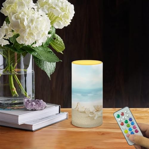 Image of Flameless LED Candles Battery Operated Candles with Remote Control Timer Flickering Effect Pillar Candle Coastal Beach Theme Home Bathroom Indoor Decoration, Beach Starfish Conch