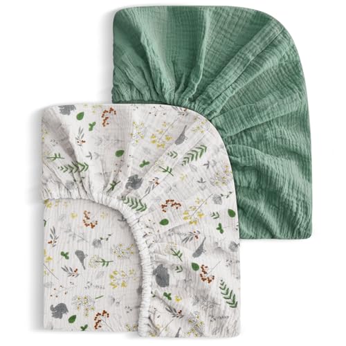 Image of SNOOZYNEST 2 Pack Soft Muslin Baby Crib Sheets, 100% Cotton Breathable Double Layer Fitted Sheets for Standard Crib and Toddler Bed Mattresses 28x52 Inches, for Baby Girls and Boys (Roman & Floral