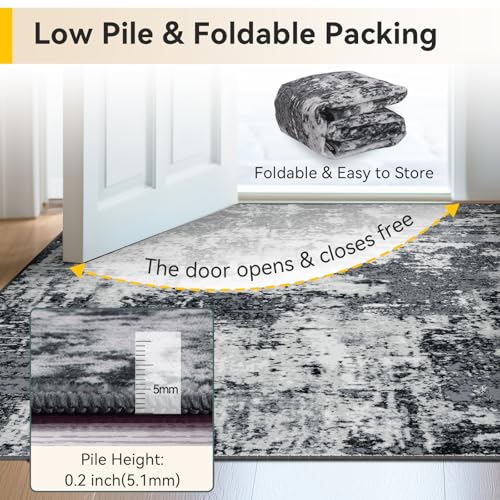 Washable Area Rugs 6'x9' Non-Slip Modern Abstract Soft for Living Room Entryway Bedroom Nursery, Print Pattern, Black Gray