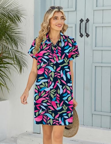 Image of HOTOUCH Womens Summer Shirt Dress 2026 Short Sleeve Floral Shift Dress Casual Loose Flowy Beach Sundress with Pockets