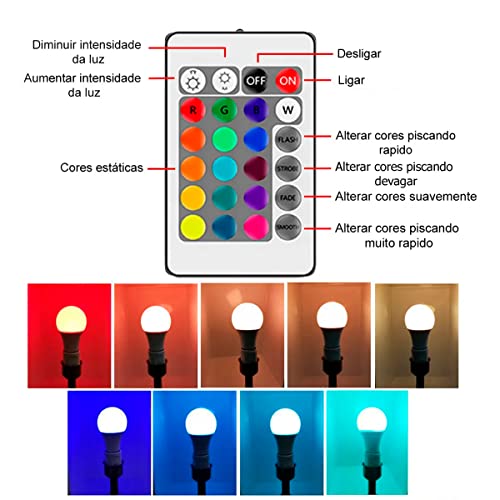 Lâmpada De Led Colorida RGB Com Controle Remoto Bivolt Para Quarto Bulbo Regulável Base Parafuso 16