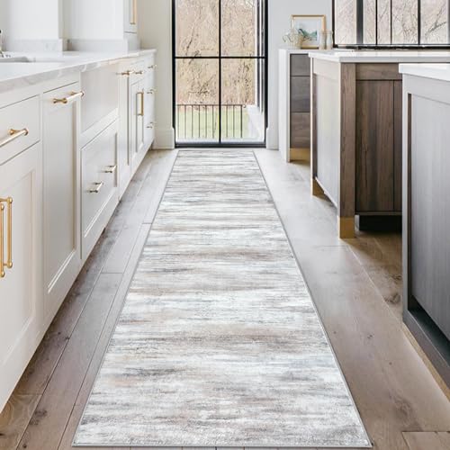 KOZYFLY Modern Abstract Kitchen Runner Rug, 2x10 Washable Rug Runner Non-Slip Soft Striped Hallway Runner Rugs, Beige Print Distressed Carpet Runner for Entryway Bathroom Laundry Room Foyer