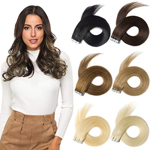 ROSEBUD Tape in Hair Extensions REMY Human Hair, Secure Skin Weft Hair Extensions Seamless 14-20 inch 20Pcs