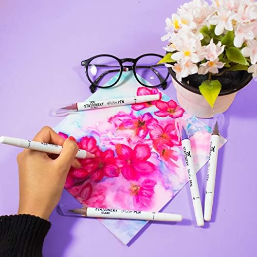 STATIONERY ISLAND Watercolour Brush Pen Set Colouring Highlighter Markers Felt Tips Calligraphy Brush Pens Water Colour Lettering Pen Set for Professional Adults and Beginners Kids - Spring Set of 6