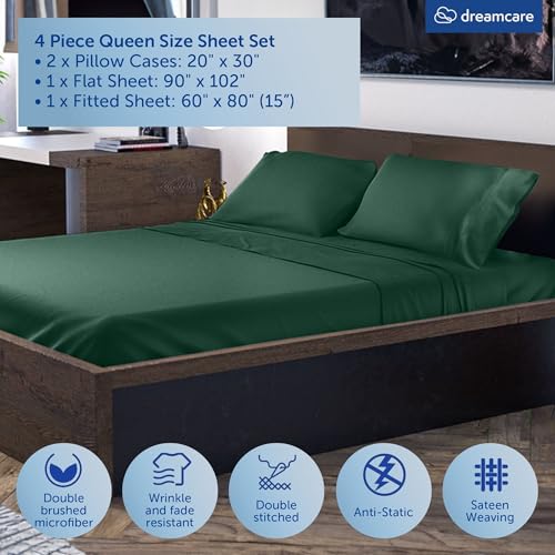 Image of DREAMCARE Queen Sheet Set - 4 pcs Breathable Cooling Sheets - up to 15 inch Deep Pocket Queen Sheets Set with Side Pockets - Extra Soft 100% Brushed Hypoallergenic Hotel Luxury Bedding - Emerald Green