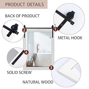 Rustic farmhouse wood framed wall mirror 24 x 34 inches coastal white finish barn door inspired design for wall decor heavy duty metal bracket has been pre installed for easy hanging  urban country home decor