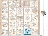 25 Stück Malerei Schablonen - Sommer Palmen Schablone, Kinder Sommer Basteln Zeichenschablonen, Wiederverwendbar Vorlagen und 12-Farben-Aquarellstifte-Set für Holz Papier Stoff Wand DIY-Bastelprojekte