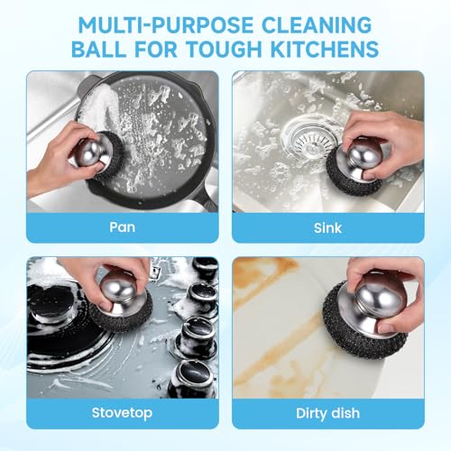 Image of 6Pcs Steel Wool Scrubber, Stainless Steel Scrubber with Handle for Cleaning Kitchen and Household Stubborn Messes from Stoves Pans Pots Grill Sink with Replacement Wire Brush Set (2 Pcs+4 Replacement)
