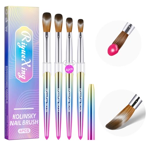 4PCS Acrylic Nail Brush Set, 6/8/12/16. Kolinsky Nail Art Brushes for Application, Sturdy Handle Oval Shaped Acrylic Powder Nails Design Tools for Professional Manicure DIY
