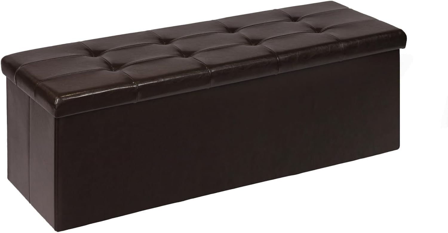 PINPLUS Folding Storage Ottoman Bench, Brown Faux Leather