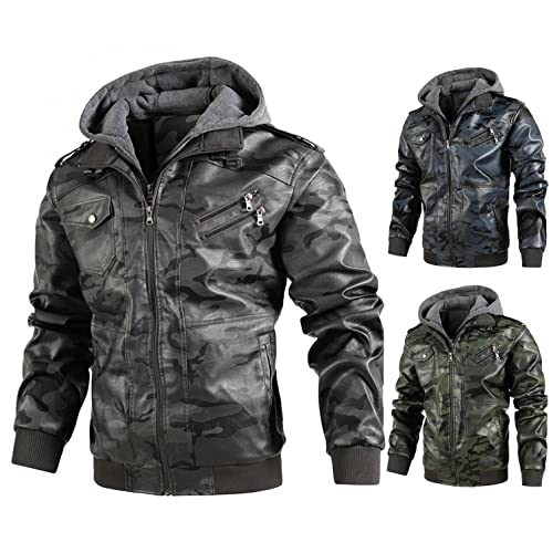 Chaqueta motero gris de cuello alto para hombre con sudadera y capucha cálida 2