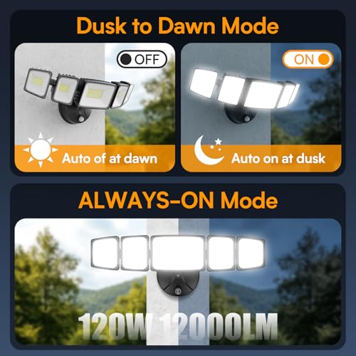 Onforu 120W 12000LM Dusk to Dawn Outdoor Lighting,5 Heads Flood Lights Outdoor,6500K Super Bright Automatic Outdoor Lighting,IP66 Waterproof Hardwired LED Security Lights for Garage,Yard,Outside by Onforu - Used condition - Image 3