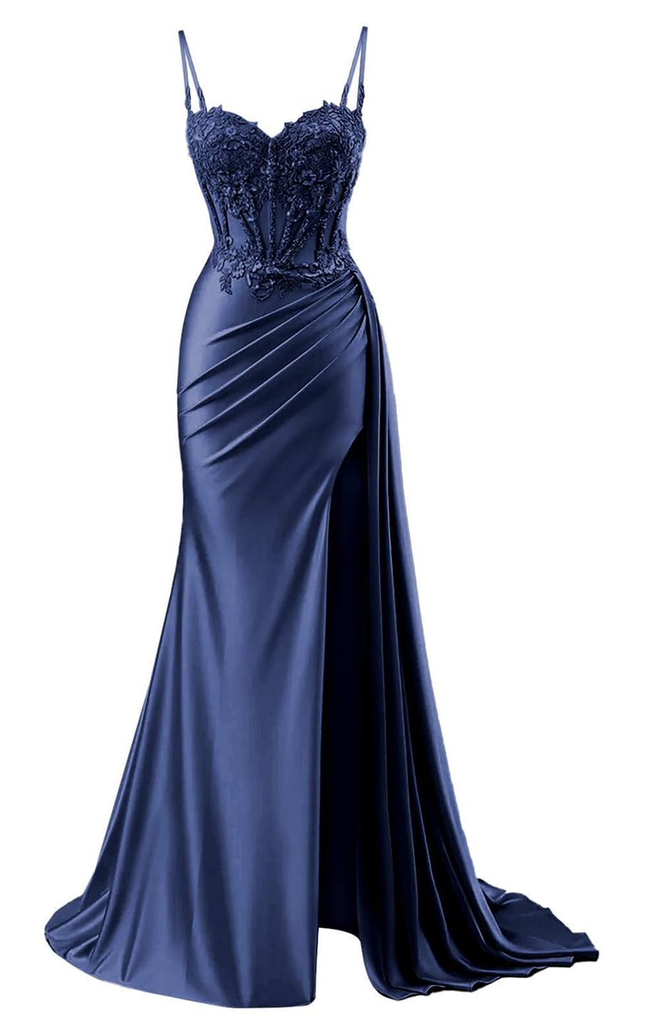 Yiann Women's Navy Blue Satin Mermaid Prom Dresses For Long Ball Gown Spaghetti Strap Evening Gown With Slit Uk16