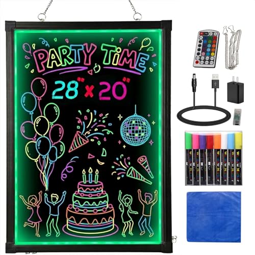 Slsy LED Writing Board 28'x20', Erasable Light-Up Message Display, 12 Colors & 26 Modes, Reusable LED Menu Sign with 8 Markers for Doodle, Illuminated Sign Board for Restaurants, Bars, Classrooms