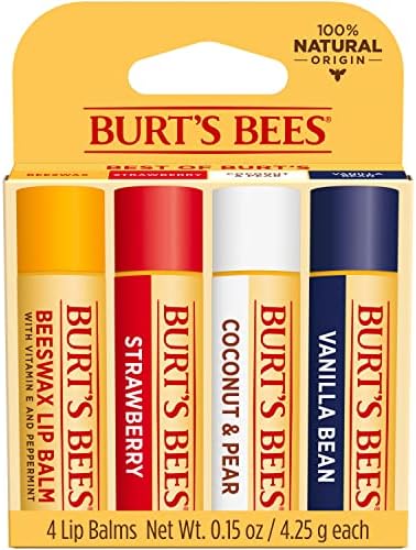 Burt's Bees Lip Balm Easter Basket Stuffers, Moisturizing Lip Care Spring Gift, for All Day Hydration, 100% Natural, Original Beeswax, Strawberry, Coconut & Pear & Vanilla (4 Pack)
