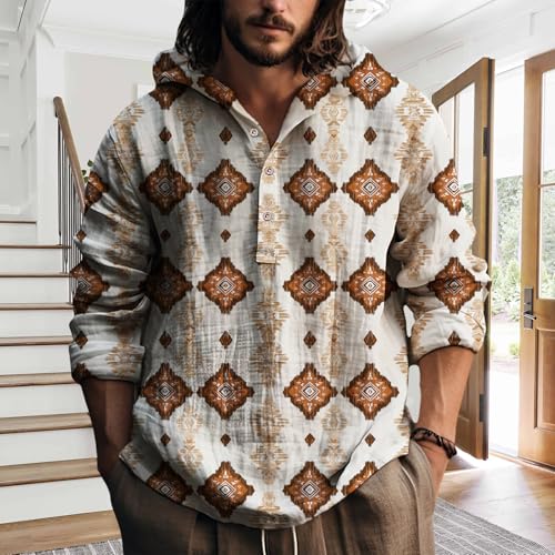 LOAIHA Mens Bohemian Ethnic Print Hooded Henley Shirt Long Sleeve Cotton Blend Lightweight Pullover Top for Fall Winter3