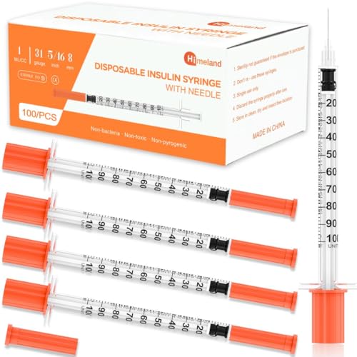 Himeland U-100 1ml/cc Disposable Insulin Syringe with 31G 5/16 (8mm) Needle | 100 Pack Individually Wrapped | Lab Supplies