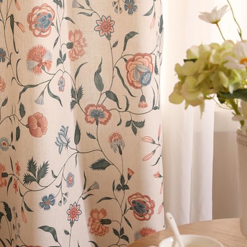 Image of ISAENNE Designer French Linen Printed Curtains,2 Panels,79 inchx53 inch-Daffy | Vintage Elegant Cottage Curtain with Grommets 79 inches long,Floral Pattern Draps,kitchen Bedroom Living Room Window